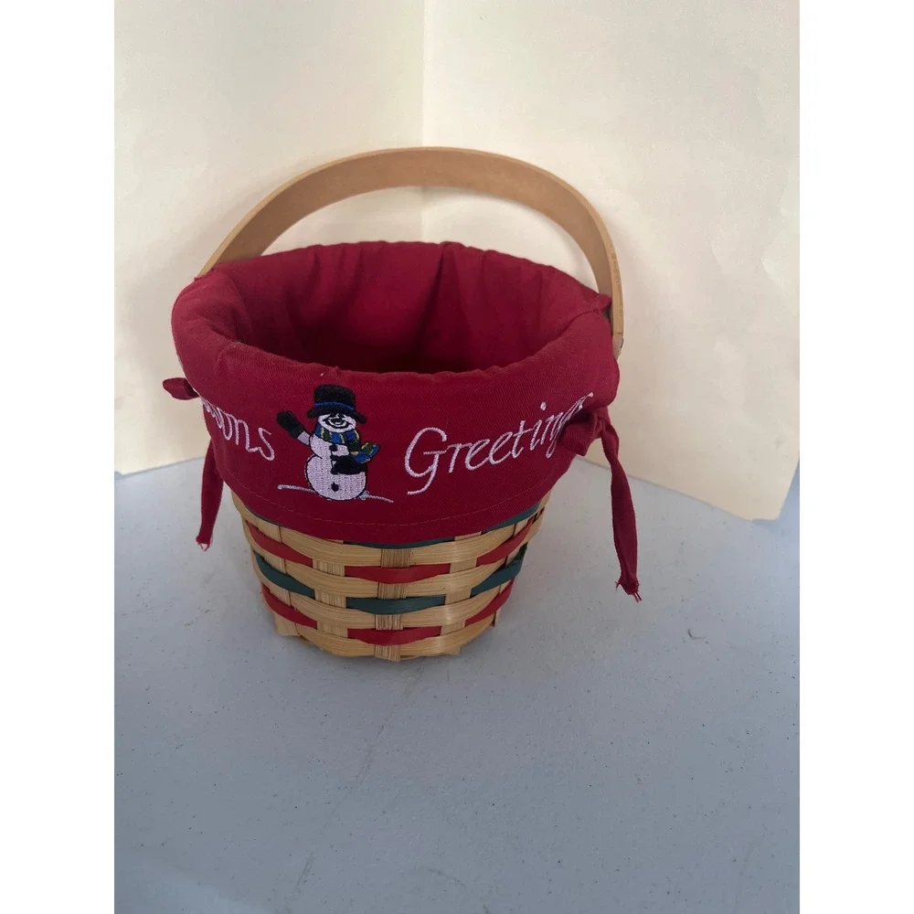 Christmas Seasons Greetings Woven Basket with Snowman Liner and Wood Handle